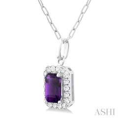 6x4 MM Octagonal Shape Amethyst and 1/6 Ctw Round Cut Diamond Halo Semi-Precious Pendant with Chain in 14K White Gold