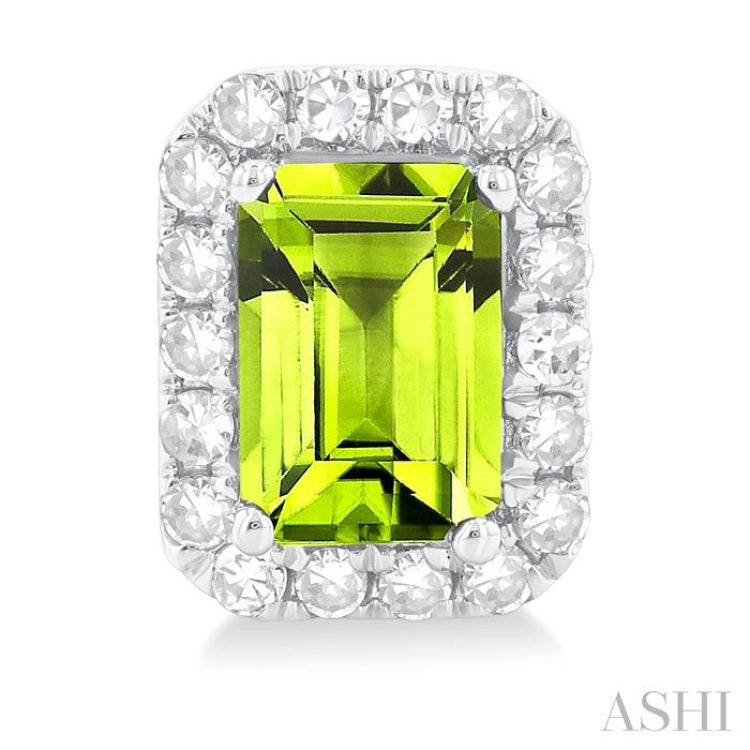 6x4 MM Octagonal Shape Peridot and 1/4 Ctw Round Cut Diamond Halo Semi-Precious Stud Earrings in 10K White Gold