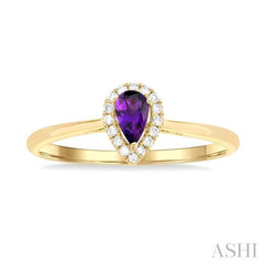 5x3 MM Pear Shape Amethyst and 1/20 Ctw Single Cut Diamond Halo Semi-Precious Ring in 14K Yellow Gold