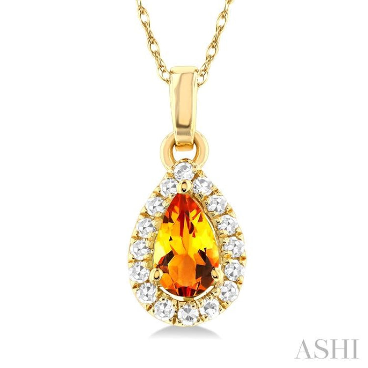 5x3 MM Pear Shape Citrine and 1/20 Ctw Single Cut Diamond Halo Semi-Precious Pendant with Chain in 10K Yellow Gold