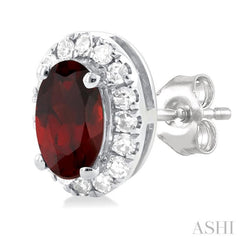 5x3 MM Oval Shape Garnet and 1/8 Ctw Single Cut Diamond Halo Semi-Precious Stud Earrings in 14K White Gold