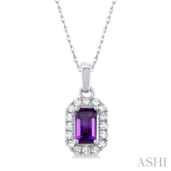 5x3 MM Octagonal Shape Amethyst and 1/20 Ctw Round Cut Diamond Halo Semi-Precious Pendant with Chain in 10K White Gold