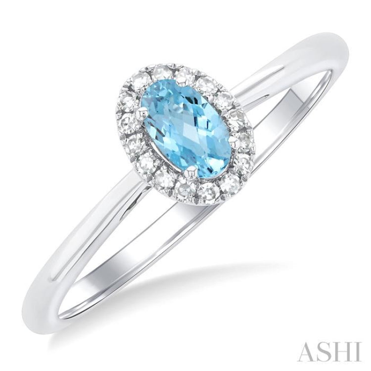 5x3 MM Oval Shape Aquamarine and 1/20 Ctw Single Cut Diamond Halo Semi-Precious Ring in 14K White Gold