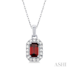 5x3 MM Octagonal Shape Garnet and 1/20 Ctw Single Cut Diamond Halo Semi-Precious Pendant with Chain in 14K White Gold