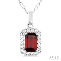 6x4 MM Octagonal Shape Garnet and 1/6 Ctw Round Cut Diamond Halo Semi-Precious Pendant with Chain in 14K White Gold
