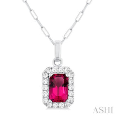 6x4 MM Octagonal Shape Pink Tourmaline and 1/6 Ctw Round Cut Diamond Halo Semi-Precious Pendant with Chain in 10K White Gold