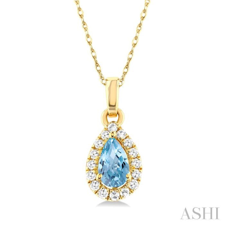 5x3 MM Pear Shape Aquamarine and 1/20 Ctw Round Cut Diamond Halo Semi-Precious Pendant with Chain in 10K Yellow Gold