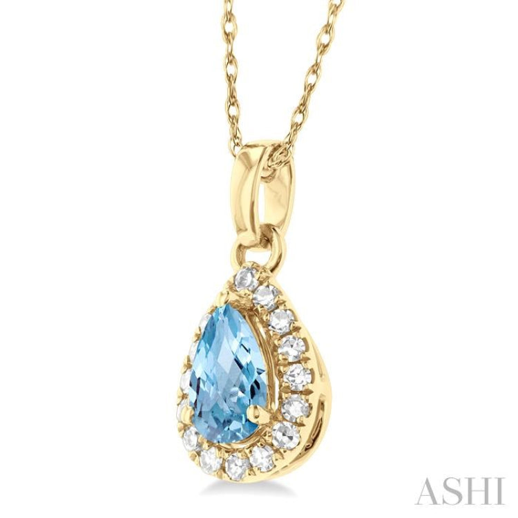 5x3 MM Pear Shape Aquamarine and 1/20 Ctw Round Cut Diamond Halo Semi-Precious Pendant with Chain in 10K Yellow Gold