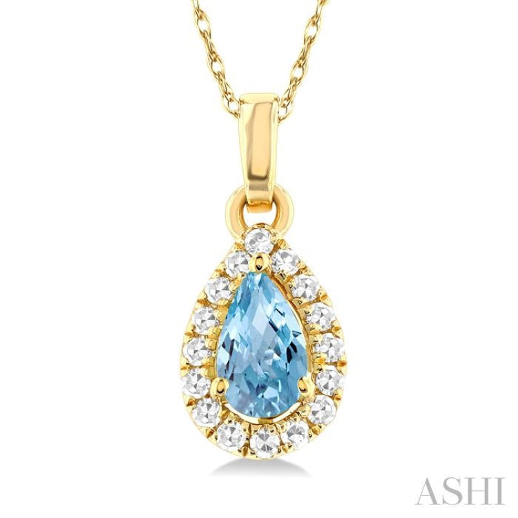 5x3 MM Pear Shape Aquamarine and 1/20 Ctw Round Cut Diamond Halo Semi-Precious Pendant with Chain in 10K Yellow Gold