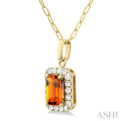 6x4 MM Octagonal Shape Citrine and 1/6 Ctw Round Cut Diamond Halo Semi-Precious Pendant with Chain in 14K Yellow Gold