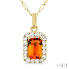 6x4 MM Octagonal Shape Citrine and 1/6 Ctw Round Cut Diamond Halo Semi-Precious Pendant with Chain in 14K Yellow Gold