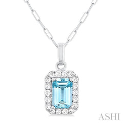 6x4 MM Octagonal Shape Aquamarine and 1/6 Ctw Round Cut Diamond Halo Semi-Precious Pendant with Chain in 10K White Gold