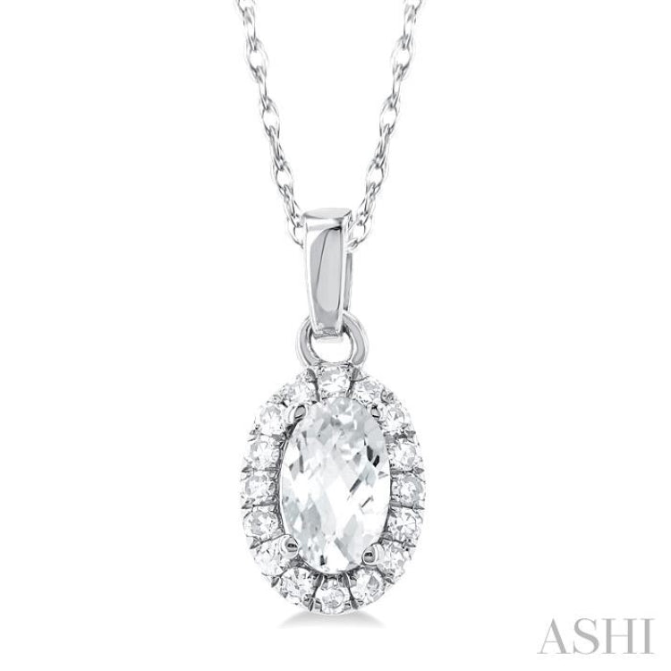 5x3 MM Oval Shape White Topaz and 1/20 Ctw Single Cut Diamond Halo Semi-Precious Pendant with Chain in 10K White Gold