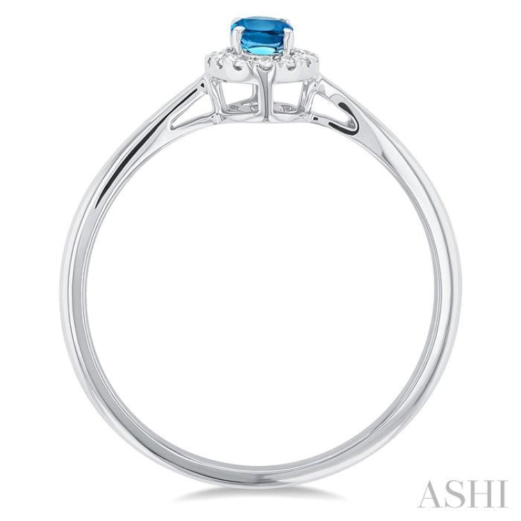 5x3 MM Oval Shape Blue Topaz and 1/20 Ctw Single Cut Diamond Halo Semi-Precious Ring in 10K White Gold