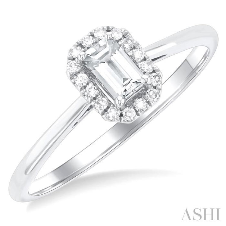 5x3 MM Octagonal Shape White Topaz and 1/20 Ctw Single Cut Diamond Halo Semi-Precious Ring in 14K White Gold