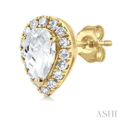 5x3 MM Pear Shape White Topaz and 1/8 Ctw Single Cut Diamond Halo Semi-Precious Stud Earrings in 10K Yellow Gold