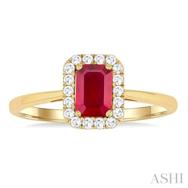 6x4 MM Octagonal Shape Ruby and 1/6 Ctw Round Cut Diamond Halo Precious Ring in 14K Yellow Gold