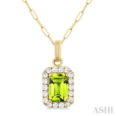 6x4 MM Octagonal Shape Peridot and 1/6 Ctw Round Cut Diamond Halo Semi-Precious Pendant with Chain in 10K Yellow Gold