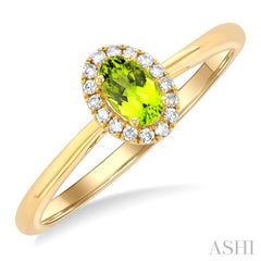 5x3 MM Oval Shape Peridot and 1/20 Ctw Single Cut Diamond Halo Semi-Precious Ring in 14K Yellow Gold