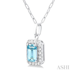 6x4 MM Octagonal Shape Aquamarine and 1/6 Ctw Round Cut Diamond Halo Semi-Precious Pendant with Chain in 14K White Gold