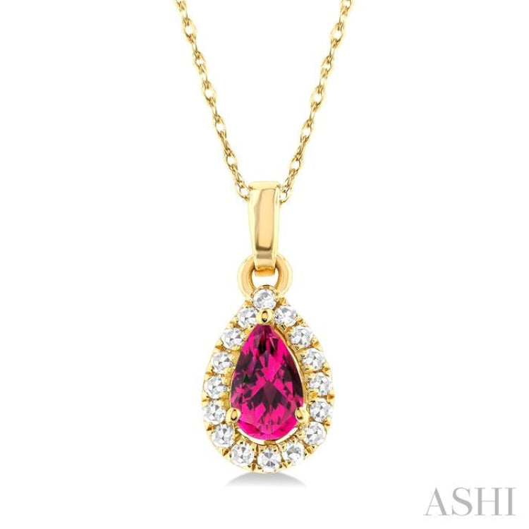 5x3 MM Pear Shape Pink Tourmaline and 1/20 Ctw Single Cut Diamond Halo Semi-Precious Pendant with Chain in 10K Yellow Gold