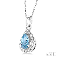 5x3 MM Pear Shape Aquamarine and 1/20 Ctw Single Cut Diamond Halo Semi-Precious Pendant with Chain in 14K White Gold
