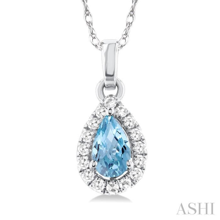 5x3 MM Pear Shape Aquamarine and 1/20 Ctw Single Cut Diamond Halo Semi-Precious Pendant with Chain in 14K White Gold