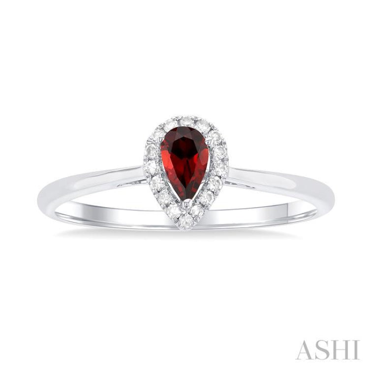 5x3 MM Pear Shape Garnet and 1/20 Ctw Single Cut Diamond Halo Semi-Precious Ring in 14K White Gold