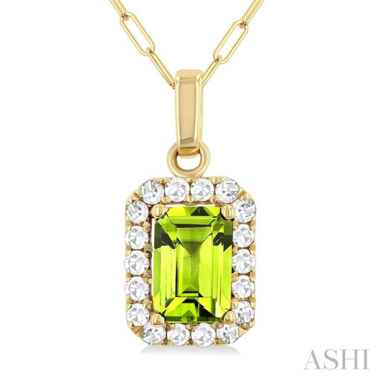 6x4 MM Octagonal Shape Peridot and 1/6 Ctw Round Cut Diamond Halo Semi-Precious Pendant with Chain in 14K Yellow Gold