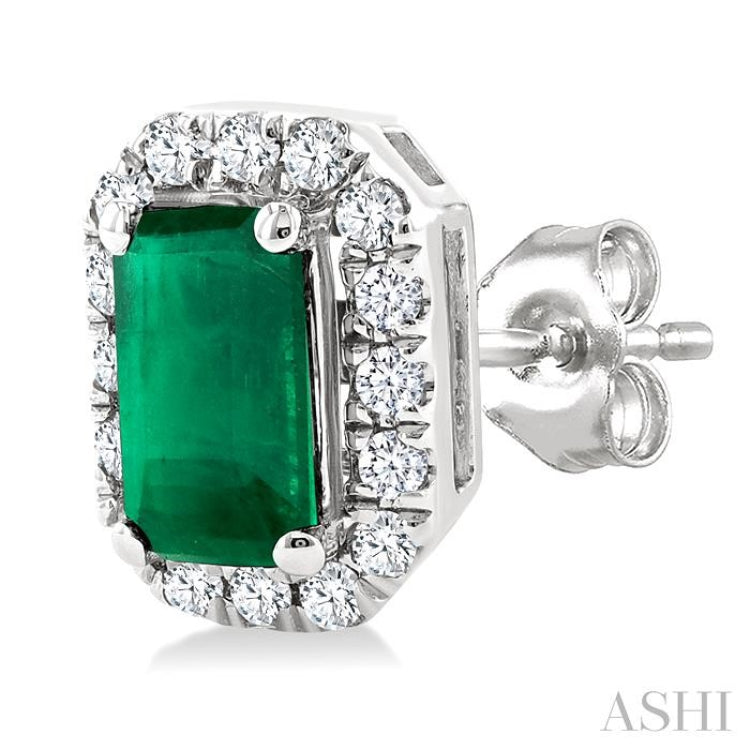 5x3 MM Octagonal Shape Emerald and 1/8 Ctw Round Cut Diamond Halo Precious Stud Earrings in 14K White Gold