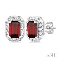 5x3 MM Octagonal Shape Garnet and 1/8 Ctw Single Cut Diamond Halo Semi-Precious Stud Earrings in 14K White Gold