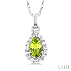 5x3 MM Pear Shape Peridot and 1/20 Ctw Single Cut Diamond Halo Semi-Precious Pendant with Chain in 14K White Gold