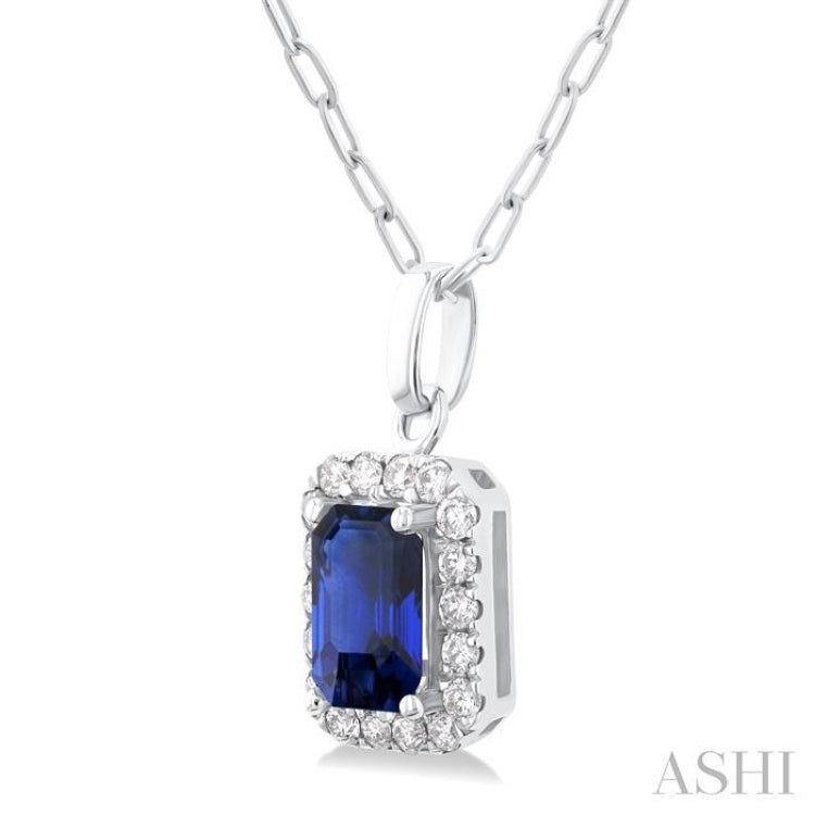 6x4 MM Octagonal Shape Sapphire and 1/6 Ctw Round Cut Diamond Halo Precious Pendant with Chain in 14K White Gold