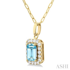 6x4 MM Octagonal Shape Aquamarine and 1/6 Ctw Round Cut Diamond Halo Semi-Precious Pendant with Chain in 10K Yellow Gold