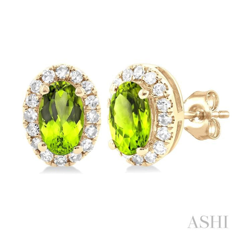 5x3 MM Oval Shape Peridot and 1/8 Ctw Single Cut Diamond Halo Semi-Precious Stud Earrings in 10K Yellow Gold