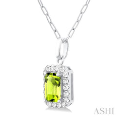 6x4 MM Octagonal Shape Peridot and 1/6 Ctw Round Cut Diamond Halo Semi-Precious Pendant with Chain in 10K White Gold