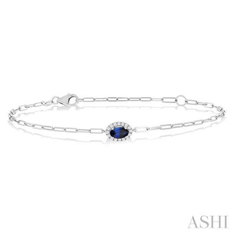 5x3 MM Oval Cut Sapphire and 1/20 Ctw Round Cut Diamond Halo Precious Paperclip Bracelet in 10K White Gold