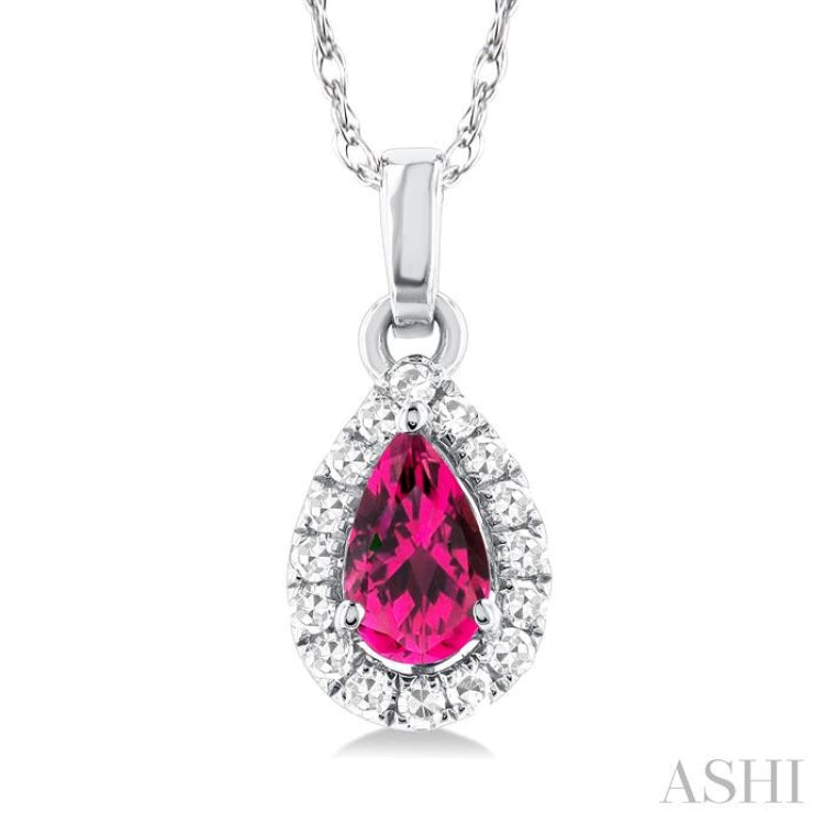 5x3 MM Pear Shape Pink Tourmaline and 1/20 Ctw Single Cut Diamond Halo Semi-Precious Pendant with Chain in 14K White Gold