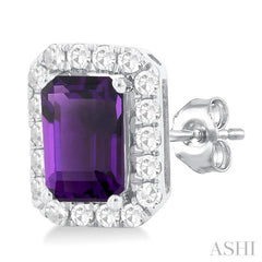 6x4 MM Octagonal Shape Amethyst and 1/4 Ctw Round Cut Diamond Halo Semi-Precious Stud Earrings in 10K White Gold