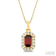 5x3 MM Octagonal Shape Garnet and 1/20 Ctw Single Cut Diamond Halo Semi-Precious Pendant with Chain in 10K Yellow Gold