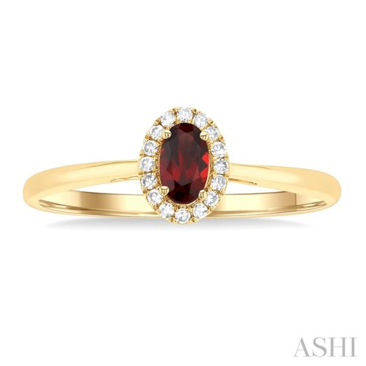 5x3 MM Oval Shape Garnet and 1/20 Ctw Single Cut Diamond Halo Semi-Precious Ring in 14K Yellow Gold
