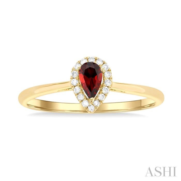 5x3 MM Pear Shape Garnet and 1/20 Ctw Single Cut Diamond Halo Semi-Precious Ring in 14K Yellow Gold