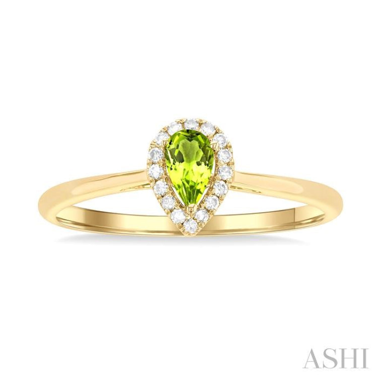 5x3 MM Pear Shape Peridot and 1/20 Ctw Single Cut Diamond Halo Semi-Precious Ring in 14K Yellow Gold