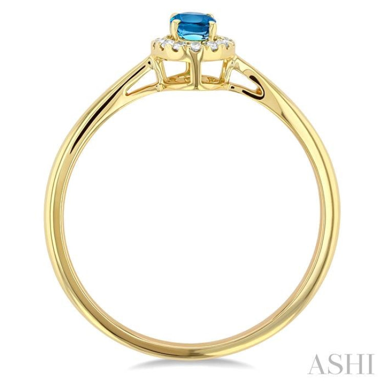 5x3 MM Oval Shape Blue Topaz and 1/20 Ctw Single Cut Diamond Halo Semi-Precious Ring in 14K Yellow Gold