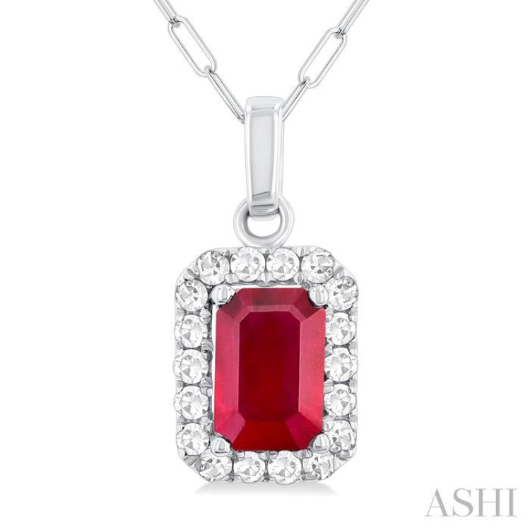 6x4 MM Octagonal Shape Ruby and 1/6 Ctw Round Cut Diamond Halo Precious Pendant with Chain in 14K White Gold
