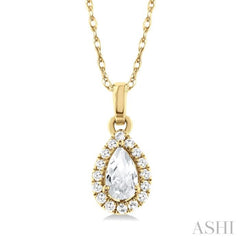 5x3 MM Pear Shape White Topaz and 1/20 Ctw Single Cut Diamond Halo Semi-Precious Pendant with Chain in 10K Yellow Gold