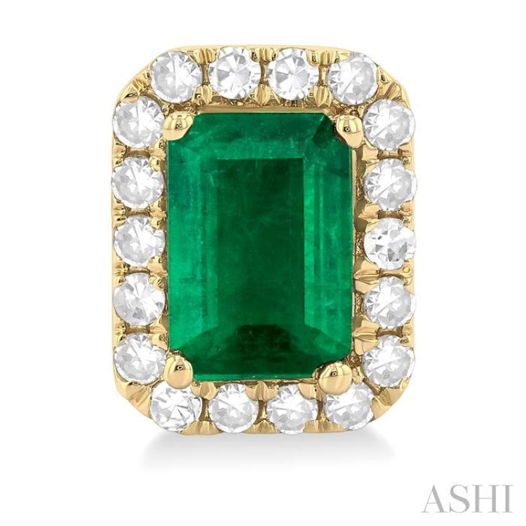 6x4 MM Octagonal Shape Emerald and 1/4 Ctw Round Cut Diamond Halo Precious Stud Earrings in 10K Yellow Gold