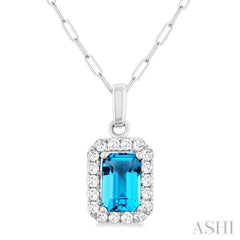 6x4 MM Octagonal Shape Blue Topaz and 1/6 Ctw Round Cut Diamond Halo Semi-Precious Pendant with Chain in 10K White Gold