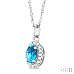 5x3 MM Oval Shape Blue Topaz and 1/20 Ctw Single Cut Diamond Halo Semi-Precious Pendant with Chain in 10K White Gold