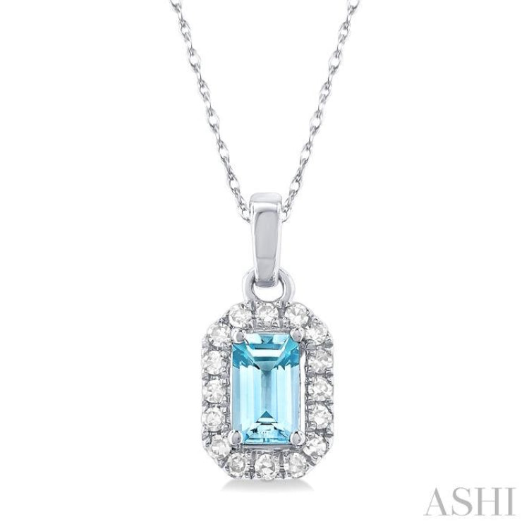 5x3 MM Octagonal Shape Aquamarine and 1/20 Ctw Single Cut Diamond Halo Semi-Precious Pendant with Chain in 10K White Gold